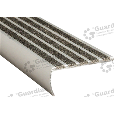Recessed bullnose stair nosing in silver (37x80mm) with 5 x black carborundum insert strips 