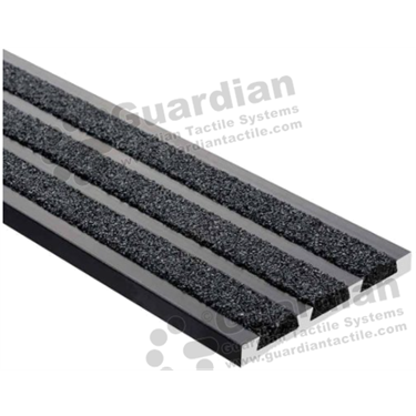 Recessed strip stair nosing in black anodisation (5x50mm) with 3 x black carborundum infill [GSN-03RS3-B-BK]