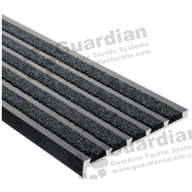 Slimline premium recessed stair nosing in black anodisation (10x75mm) with 5 x black carborundum infill 
