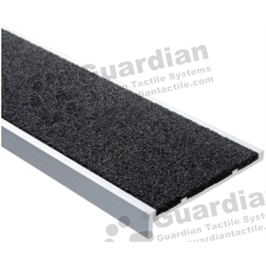 Slimline premium recessed stair nosing in silver (10x60mm) with black carborundum infill 