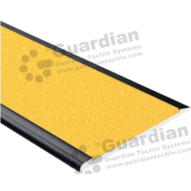 Slimline flat stair nosing in black anodisation (4x75mm) with yellow grit insert [GSN-03SLRF-B-CYL]