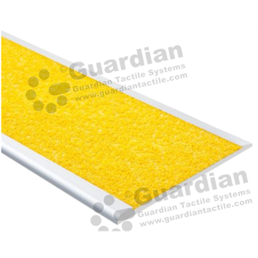 Slimline flat stair nosing in silver (4x75mm) with yellow grit insert 