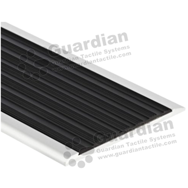 Slimline flat stair nosing in silver (4x75mm) with black TPU insert [GSN-03SLRF-PBK]