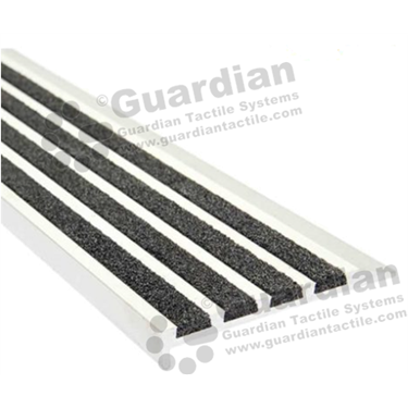 Slimline premium ramp back stair nosing in silver (10x75mm) with 4 x black carborundum infill 