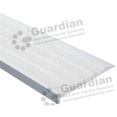 Slimline premium ramp back stair nosing in silver (10x75mm) with 4 x white carborundum infill 
