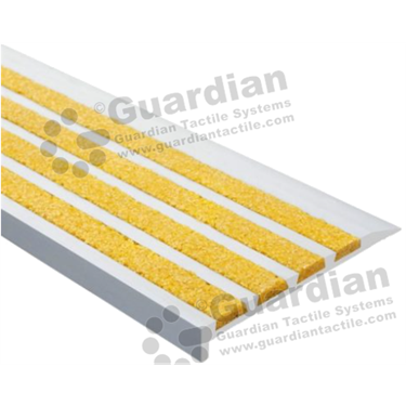 Slimline premium ramp back stair nosing in silver (10x75mm) with 4 x yellow carborundum infill [GSN-03SR4-YL]