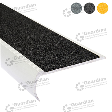 Bullnose stair nosing in silver (30x80mm) with black anti-slip silicon carbide insert tape 