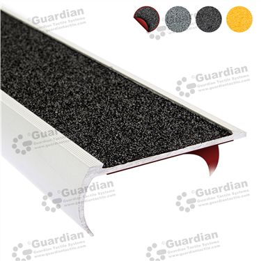 Bullnose stair nosing in silver (30x80mm) with black anti-slip silicon carbide insert and double-sided tape [GSN-BNR-CBK-DST]
