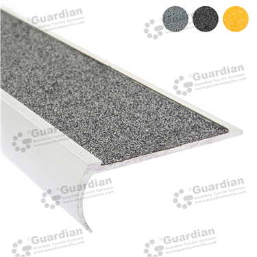Bullnose stair nosing in silver (30x80mm) with grey anti-slip silicon carbide insert tape [GSN-BNR-CMG]
