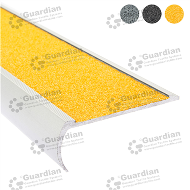 Non-slip stair nosing in silver with yellow anti-slip silicon carbide insert tape [GSN-BNR-CYL]
