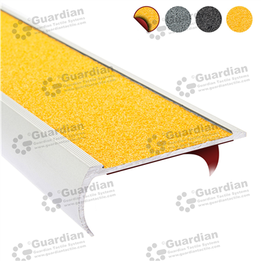 Non-slip stair nosing in silver with yellow anti-slip silicon carbide insert and double-sided tape [GSN-BNR-CYL-DST]