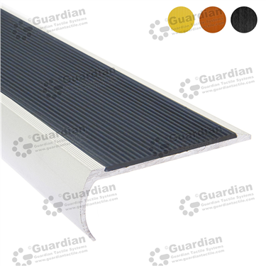 Bullnose stair nosing in silver (30x80mm) with black non-slip polyurethane insert tape 