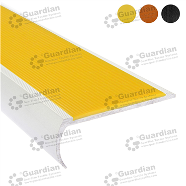 Bullnose stair nosing in silver (30x80mm) with yellow non-slip polyurethane insert tape [GSN-BNR-PYL]