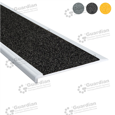 Slimline stair nosing in silver (10x80mm) with black anti-slip silicon carbide insert tape 