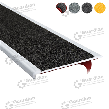Slimline stair nosing in silver (10x80mm) with black silicon carbide insert and double-sided tape [GSN-SLR-CBK-DST]