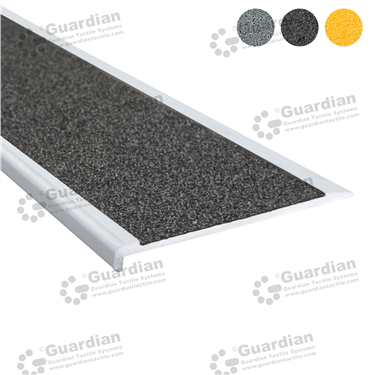 Slimline stair nosing in silver (10x80mm) with grey anti-slip silicon carbide insert tape 