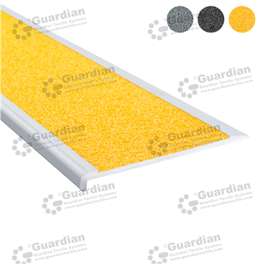 Slimline stair nosing in silver (10x80mm) with yellow anti-slip silicon carbide insert tape 