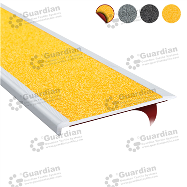 Slimline stair nosing in silver (10x80mm) with yellow anti-slip silicon carbide insert and double-sided tape [GSN-SLR-CYL-DST]