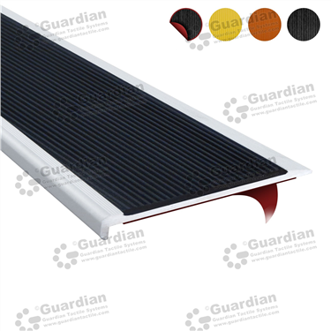 Slimline stair nosing in silver (10x80mm) with black non-slip polyurethane insert and double-sided tape [GSN-SLR-PBK-DST]