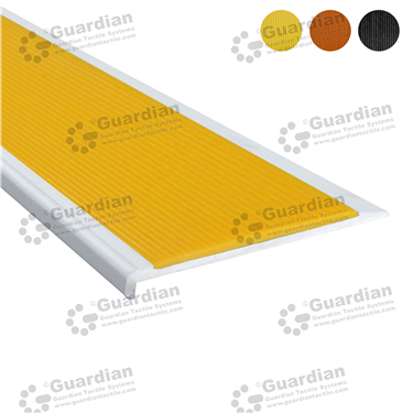 Slimline stair nosing in silver (10x80mm) with yellow non-slip polyurethane insert tape 
